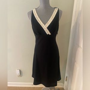 Donna Ricco Little Black Dress V-neck with Faux Mother of Pearl Ivory neckline